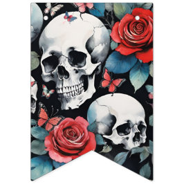 Schedels Rozen en Vlinders Goth Waterverf Vlaggetjes