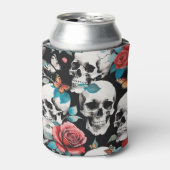 Schedels Rozen en Vlinders op Zwart Blikjeskoeler (Blikje Voorkant)