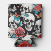 Schedels Rozen en Vlinders op Zwart Blikjeskoeler (Voorkant)