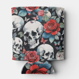 Schedels Rozen en Vlinders op Zwart Blikjeskoeler