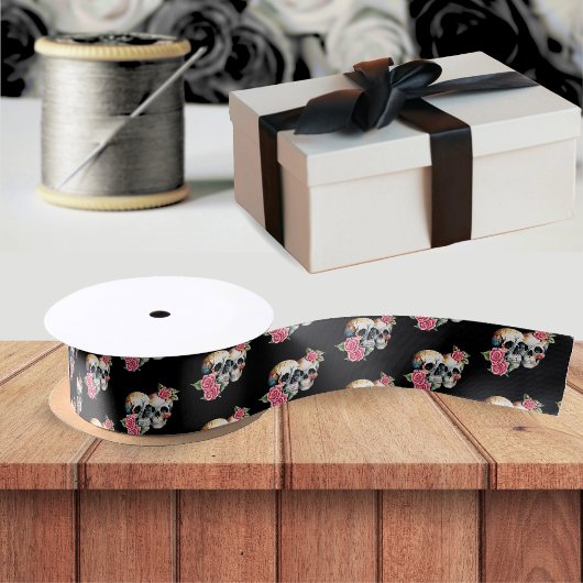 Schedels & Rozen Patroon Zwart Bruiloft Satijnen Lint