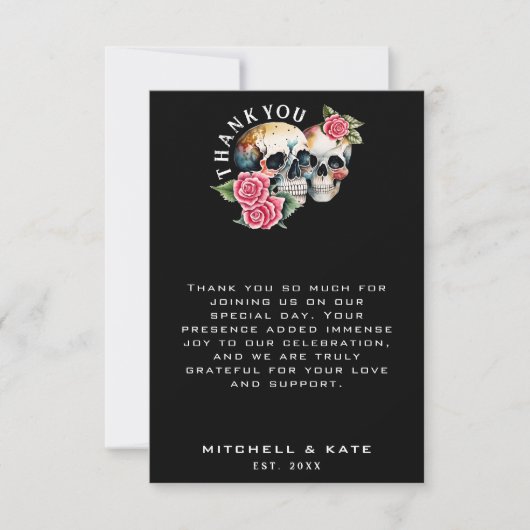 Schedels & Rozen Zwart Bruiloft Bedankkaart (Voorkant)