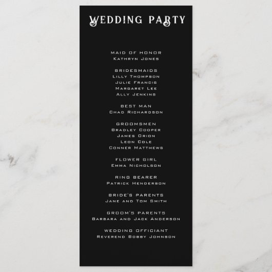 Schedels & Rozen Zwart Bruiloft Programmakaart (Achterkant)