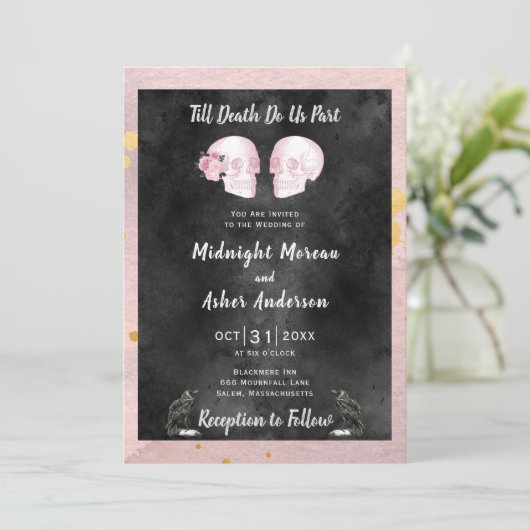 Schedels Skelet Tot de Dood Ons Scheidt Zwart Roze Kaart (Staand voorkant)