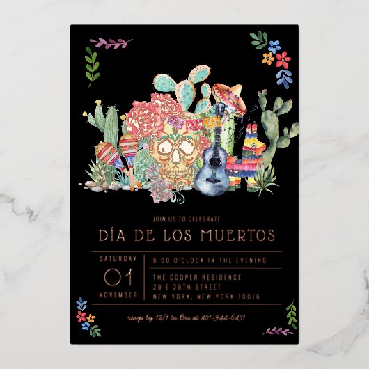 Schedels van Suiker Feest van de Doden Viering Folie Uitnodiging (Voorkant)