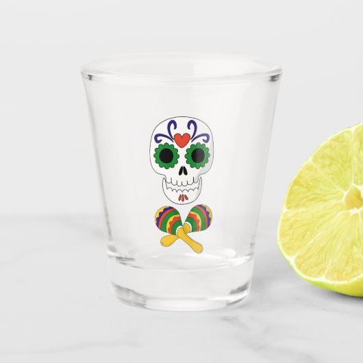 Schedels van Suiker & Maracas Día de Muertos Feest Shot Glas (Voorkant)