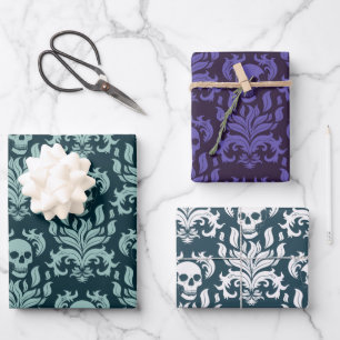 Schedelvlam Damask blauw en paarse collectie Inpakpapier Vel