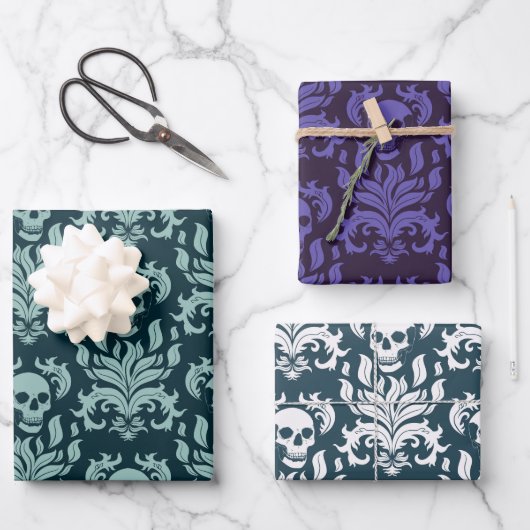 Schedelvlam Damask blauw en paarse collectie Inpakpapier Vel (Voorkant)