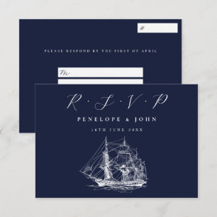 Scheeps Huwelijk Navy Blauwe Bestemming Trouwen RSVP Kaartje