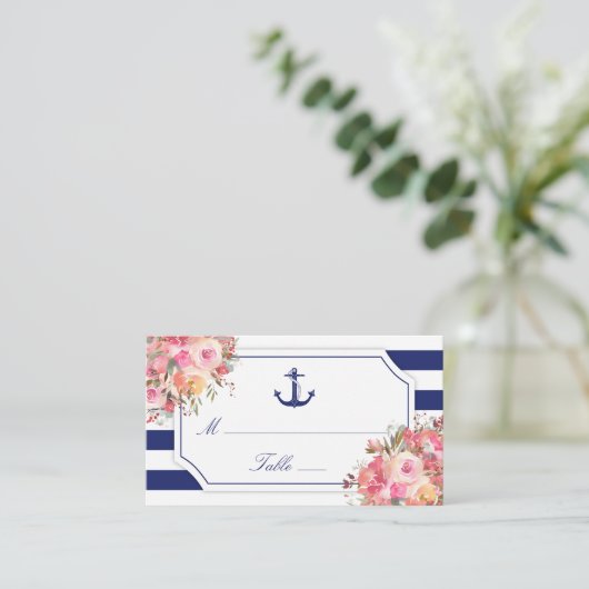 Scheepsanker Bloemen Blauw Gestreepte Trouw Plaatskaartje (Staand voorkant)