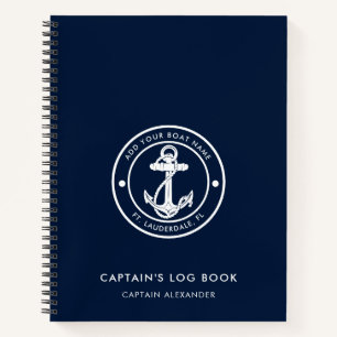 Scheepsanker en naam Navy Blauwe Kapiteinslogboek Notitieboek