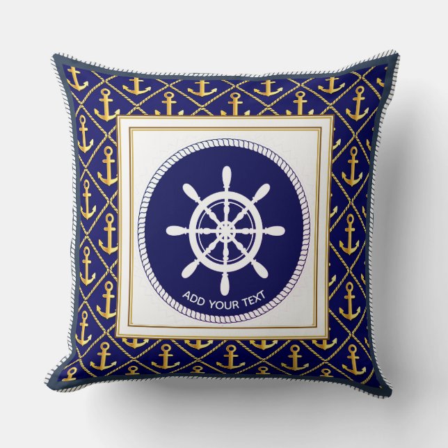 Scheepsanker en stuurwiel in marineblauw kussen (Voorkant)