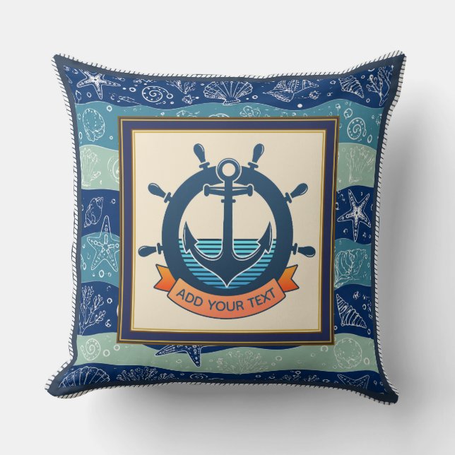Scheepsanker en stuurwiel in marineblauw kussen (Voorkant)