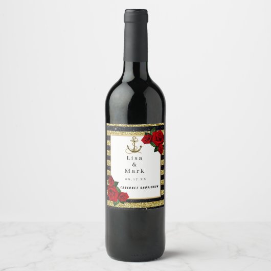 Scheepsanker Goud Zwart Gestreepte Wijnlabels Wijn Etiket (Voorkant)