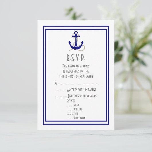 Scheepsanker marine bruiloft RSVP kaartje (Staand voorkant)