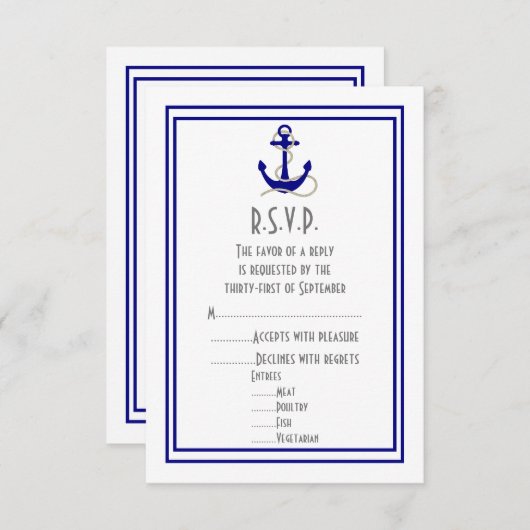 Scheepsanker marine bruiloft RSVP kaartje (Voorkant / Achterkant)