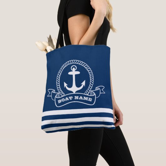 Scheepsanker Marineblauw Gestreepd Tote Bag (Dichtbij)