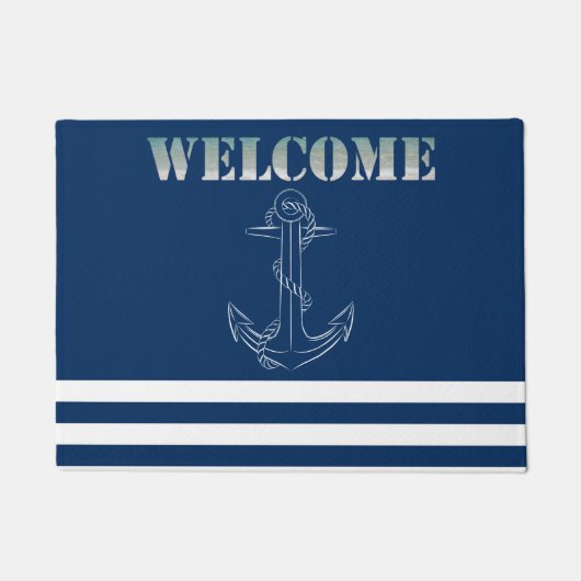 Scheepsanker Marineblauw Gestreepte Zeiler Deurmat (Voorkant)