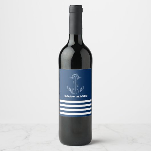 Scheepsanker Marineblauw Gestreepte Zeiler Wijn Etiket (Voorkant)
