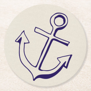 Scheepsanker Navy Blauw Taupe Trouwfeest Ronde Kartonnen Onderzetter