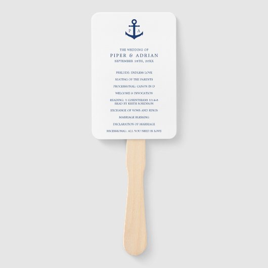 Scheepsanker Navy Blauwe Monogram Huwelijksprogram Handwaaier (Voorkant)