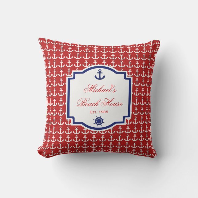 Scheepsanker Rood en Blauw Nautisch Monogram Buitenkussen (Voorkant)