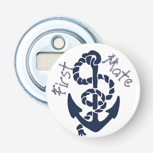 Scheepsanker touw lettertype in marineblauw button flesopener (Voorkant)
