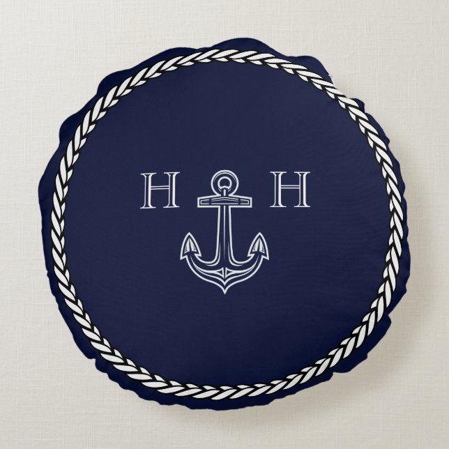 Scheepsblauw Anker Kust Monogram Rond Kussen (Achterkant)