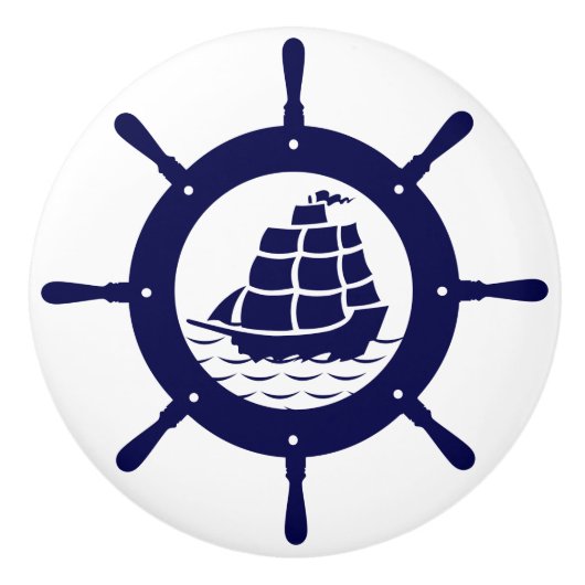 Scheepsblauw Nautical Boat Wheel Illustratie Keramische Knop (Voorkant)