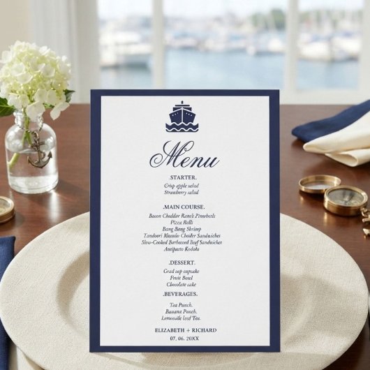 Scheepsbruiloft met nautisch thema menu