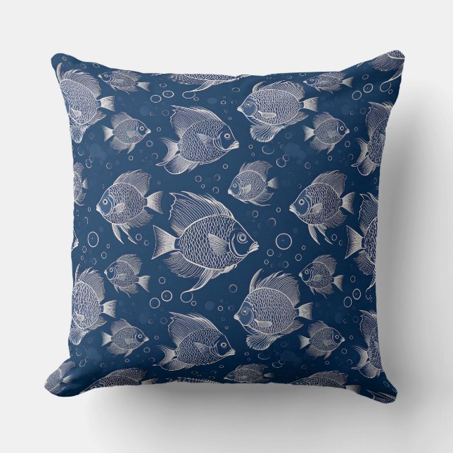 Scheepscharme Navyblauw met Witte Vissen Kussen (Voorkant)