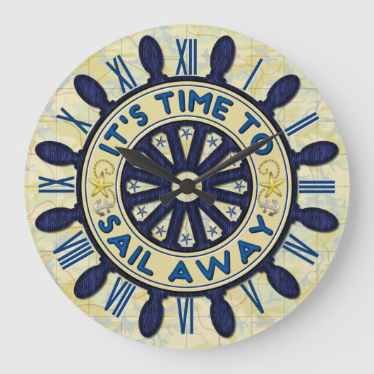 Scheepshelm houtwwiel Blauwe Nautische Zeil Away M Grote Klok (Voorkant)