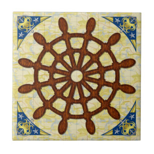 Scheepshelmwiel in de oude kaart Nautical Seafarin Tegeltje