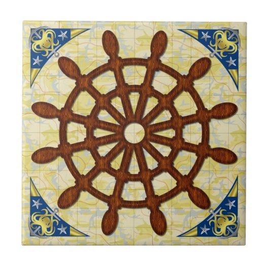 Scheepshelmwiel in de oude kaart Nautical Seafarin Tegeltje (Voorkant)