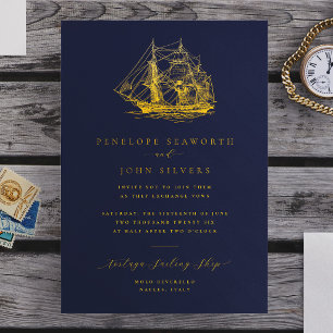 Scheepsillustratie Navy Blauwe Trouw  Folie Uitnodiging