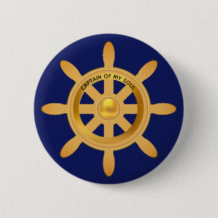 Scheepskapitein gouden scheepsroer op marineblauw ronde button 5,7 cm