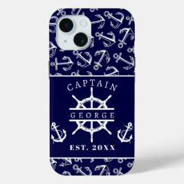 Scheepskapiteinsnaam Marineblauwe Bootanker iPhone 15 Case