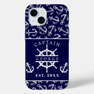 Scheepskapiteinsnaam Marineblauwe Bootanker iPhone 15 Case