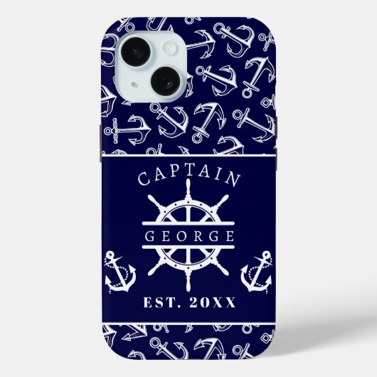 Scheepskapiteinsnaam Marineblauwe Bootanker Case-Mate iPhone Case (Achterkant)