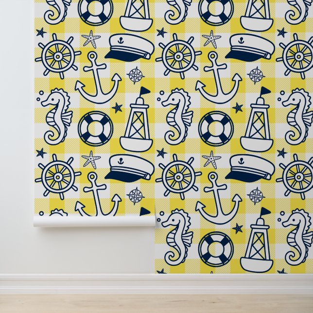 Scheepskledders – Geel en marineblauw kustgingham Behang (Applicatie)