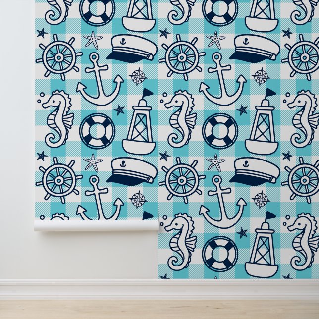 Scheepskledders – Turkoois & Marineblauw Kust Ging Behang (Applicatie)