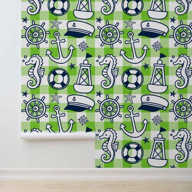 Scheepskledderwerk – Lime en marineblauwe kustging Behang (Applicatie)