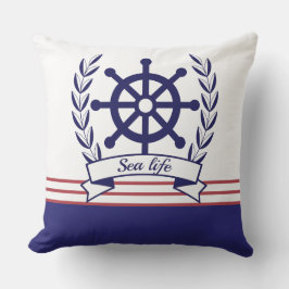 Scheepsleven en scheepswiel Blauw en Wit Buitenkussen