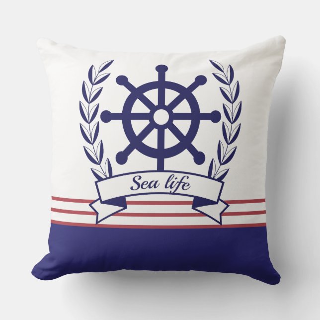 Scheepsleven en scheepswiel Blauw en Wit Buitenkussen (Voorkant)