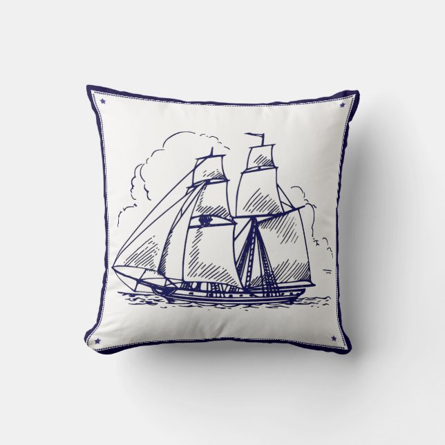 Scheepslijn Tekenblauw op Witte Pijp Kussen (Voorkant)