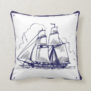 Scheepslijn Tekenblauw op Witte Pijp Kussen