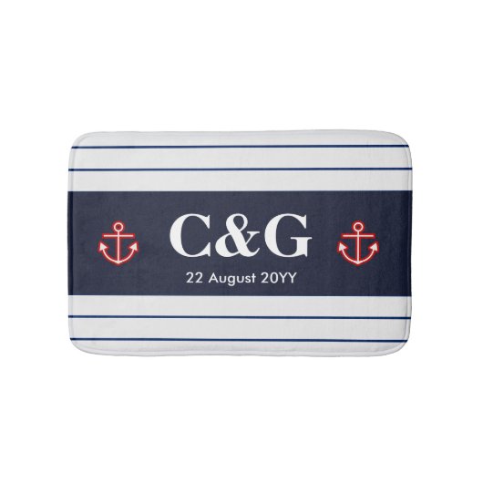 Scheepsmarine marineblauw-wit gestreept badmat (Voorkant)