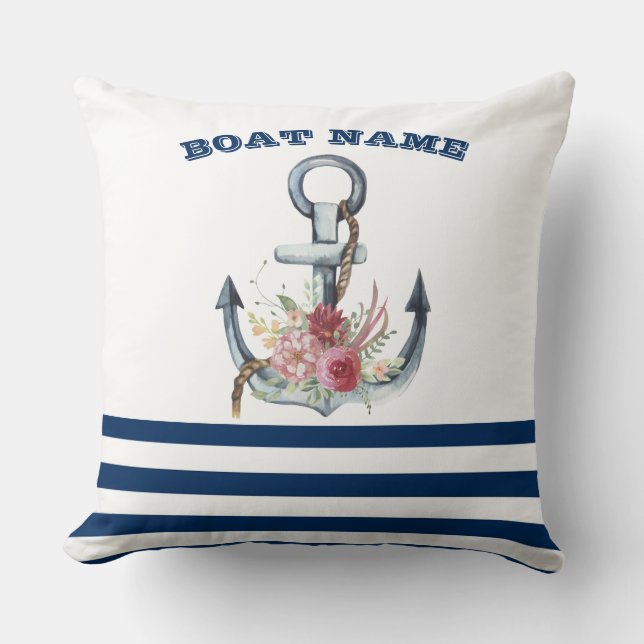 Scheepsnaam, Anker Bloemen Marineblauwe Strepen Kussen (Voorkant)