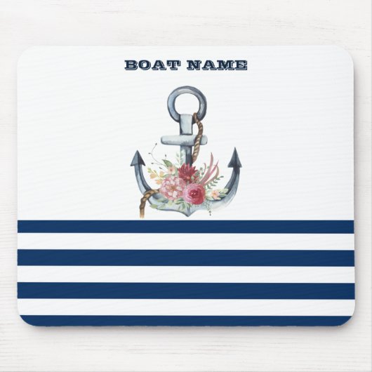 Scheepsnaam, Anker Bloemen Marineblauwe Strepen Muismat (Voorkant)