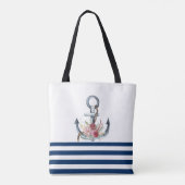 Scheepsnaam, Anker Bloemen Marineblauwe Strepen Tote Bag (Achterkant)